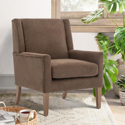 COLAMY Modern Wingback Living Room Chair Set of 2, Upholstered Fabric Accent Armchair, Single Sofa Chair with Lounge Seat and Wood Legs for Bedroom/Office/Reading Spaces, Brown - Image 3