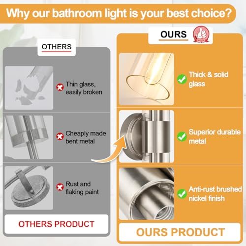 Wall Sconces Set of Two, Brushed Nickel Bathroom Sconces Wall Lighting with Clear Glass, Hardwired Modern Sconces Wall Decor Set of 2 for Bathroom Mirror Bedroom Living Room Hallway - Image 2