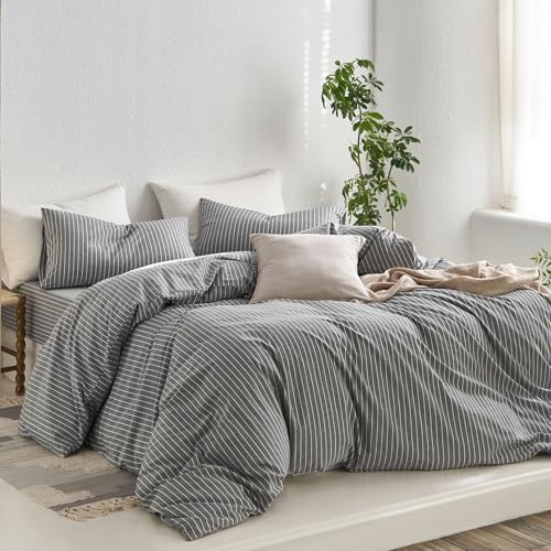 MooMee Striped Duvet Cover Set 100% Washed Cotton Linen Like Cal King - Image 3