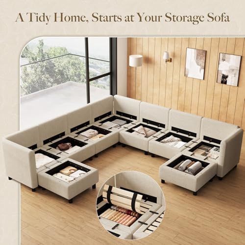 Belffin 107.1" 9 Seats Modular Sectional Sofa U Shaped Couch Big Corner Washable Sectional Couches for Living Room Comfy Couches with Storage Seat Couch Sofas with Chaise,Beige - Image 3