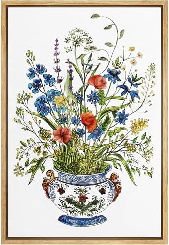 NWT Framed Canvas Print Wall Art Vibrant Wildflower Bouquet in Ornate Vase Illustrations Modern Art Decorative Landscape Rustic Zen Colorful for Living Room, Bedroom, Office - 24"x36" Natural by NWT