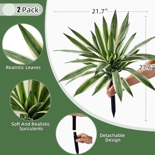 Artificial Agave Plant Fake Agave Planters for Indoor Outdoor Faux Agave Plants Real Touch Realistic Greenery for Home Living Room Office Bathroom Garden Front Porch Patio Decor (19inch-2 Pcs White) - Image 2