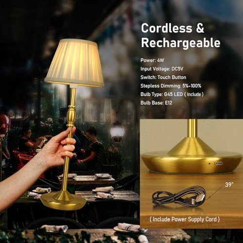 Cordless LED Touch Lamp with Dimmer Portable Small Table Lamp, 18" 2700K Rechargeable Battery Light for Bedside, Dining Room, Bedroom Lamp, Patio, Bar, Night Light, Bathroom (Antique Brass) - Image 5