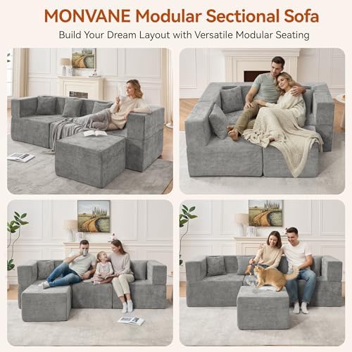 MONVANE 103'' Modular Sectional Sofa, Cloud Sectional Couch with Ottoman, Convertible Chenille L Shaped Couch with Deep Seat, Sectional Couches for Living Room, No Assembly Required, Light Grey - Image 3