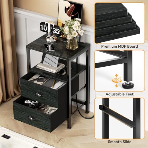 Furologee Night Stand with LED Light, Charging Station, 2 Drawer, Black Oak - Image 6