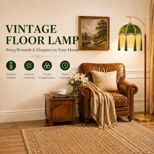 Vintage Floor Lamp for Living Room,Wood Gold Remote Dimmable Standing Lamps with Victorian Fringe Green,Arc Corner Tall Floor Light for Bedroom,Office,Boho Farmhouse Mid Century Modern Decor - Image 2