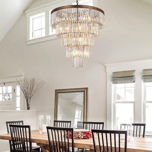 TOCHIC 10 Light Large Crystal Chandelier 31.5 inch, 5-Tier Contemporary Modern Bronze Crystal Chandeliers, Raindrop K9 Round Ceiling Light for Bathroom,Staircase, Entryway, Dining Room, Foyer, Kitchen - Image 5