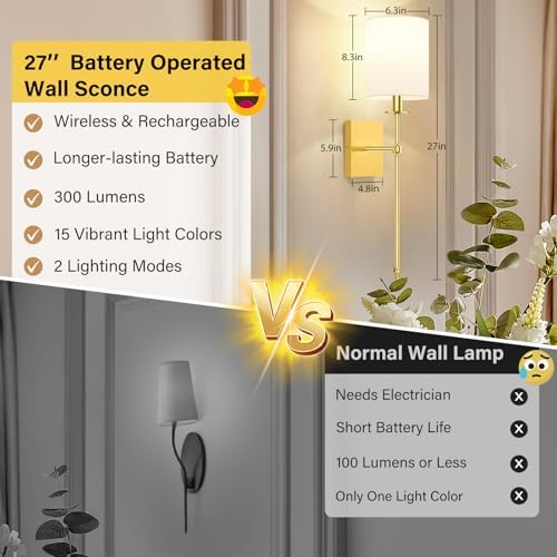 27 Inch Wall Sconces Battery Operated Set of 2, Rechargeable Wireless Wall Sconces Lights with Remote, Not Hardwired Dimmable Gold Wall Lamps with White Fabric Shade for Bedroom, 2 Bulbs Included - Image 2