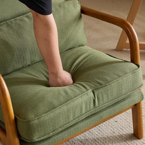 Bonnlo Dark Green Linen Mid Century Modern Accent Chair, Soild Wood Padding Lounge Armchairs Side Sitting Chairs for Living Room, Bedroom, Guest Room - Image 7
