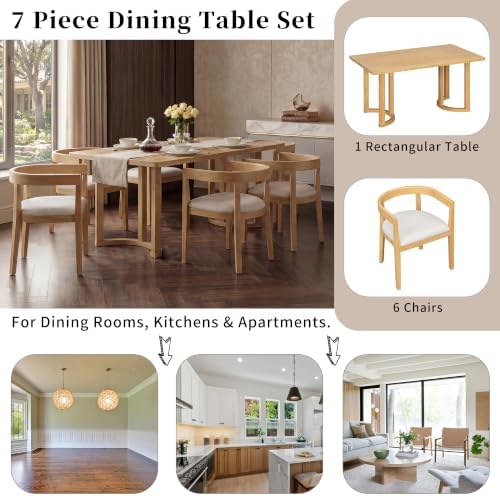 VilroCaz Acacia Wood 7 Piece Dining Table Set with 6 Upholstered Chairs - Image 4
