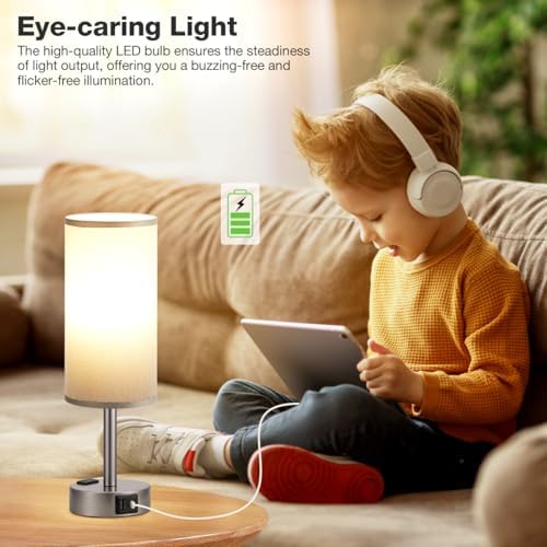 Fenmzee Grey Bedside Lamp for Bedroom, Dimmable Touch, USB A+C, AC Outlet - Image 3