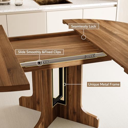 iPormis 5-Piece Round Dining Table Set for 4-6, 59" Extendable Dining Room Table Set with 2 Ergonomic Chairs & 2 Benches, Oval Modern Dinette Table with MDF Board and Metal Frame, Space-Saving, Walnut - Image 4