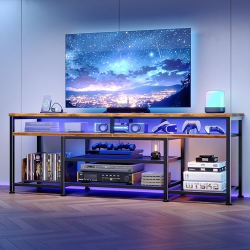 Furologee 63 Inch TV Stand with Power Outlets & LED Lights, Rustic Brown - Image 3