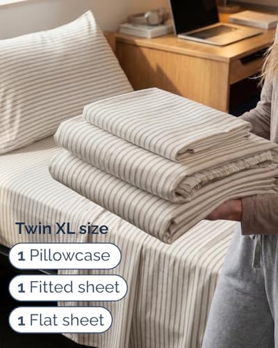 Twin XL 3 Piece Sheet Set - College Dorm Room Essentials - Beige Stripes - Image 3