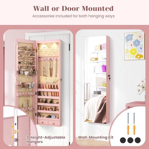 NAFORT 2 LEDs Jewelry Armoire with Full Length Mirror, Lockable Hanging Jewelry Organizer Cabinet with Categorical Storage, Wall or Door Mounted Jewelry Box with 2 Drawers for Cosmetic, Light Pink - Image 5
