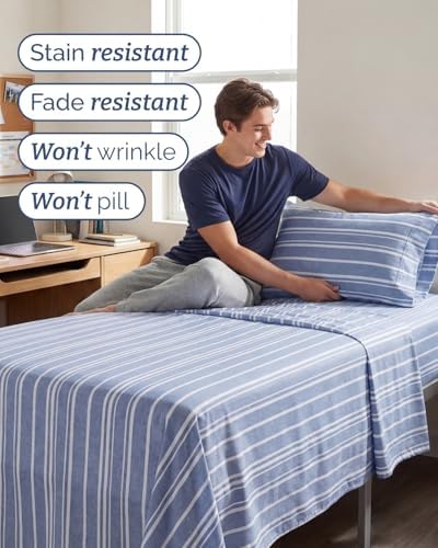 Twin XL 3 Piece Sheet Set - College Dorm Room Essentials - Blue Stripes - Image 5