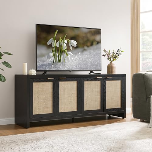SICOTAS TV Stand for Living Room Boho Entertainment Center for Bedroom with 4 Rattan Cabinets Farmhouse Television Stands with Storage Large Media Console Table for TVs up to 65 Inch - Image 2