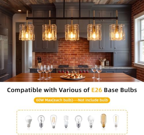 5-Light Rectangular Chandelier, 35in Black and Gold with Water Ripple Glass - Image 3