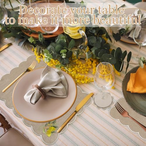 Set of 12 Lemon Cotton Linen Placemats Coaster, 12 x 17 Heat Resistant Embroidery Scalloped Placemats, 4" Summer Kitchen Coaster Double Layered Rustic Dinner Table Decoration(Linen and White) - Image 4