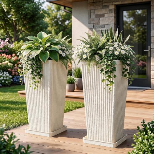 24" Tall Planters for Outdoor Plants with Tray Set of 2 Resin Beige - Image 7