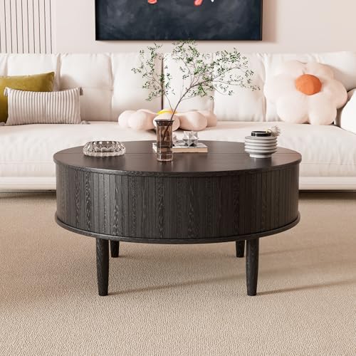Round Fluted Lift Top Coffee Table with Storage, Mid Century Modern Coffee Table for Living Room, Home Small Space,31.5" Fluted Center Table (Black, 31.5inch) - Image 7