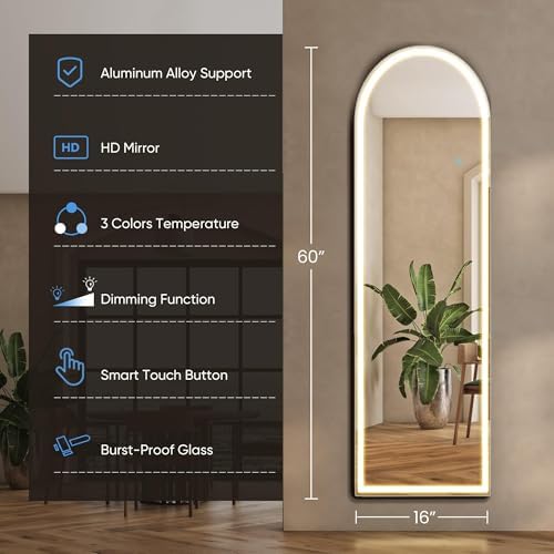 DUMOS Arched LED Mirror Full Length Standing, 16"x60" Full Body Wall Mirror - Image 2