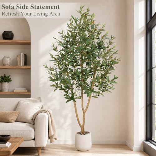 7FT Olive Trees Artificial, Large Faux Olive Tree with White Tall Planter, Faux Tree Indoor with Lush Lifelike Fruits for Living Room Bedroom Balcony Corner Office Home Decor - Image 2