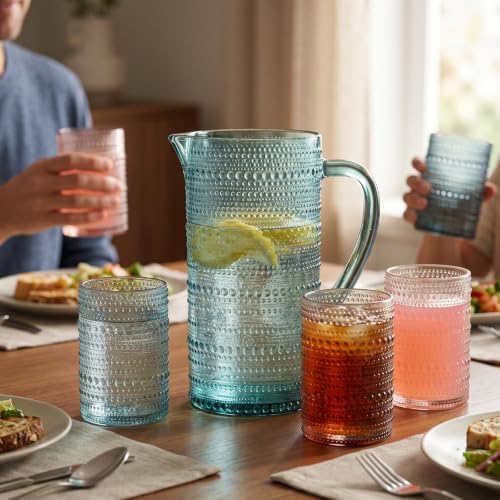 Khen Hobnail Beaded Pitcher & Tumbler Glasses Set | Set of 6 Glasses & Carafe| Vintage 11 OZ Lowball & 2.4 Litter Glass Muted Bubble Design, Old-Fashioned, Embossed Design - Water, Wine, Cocktail - Image 6