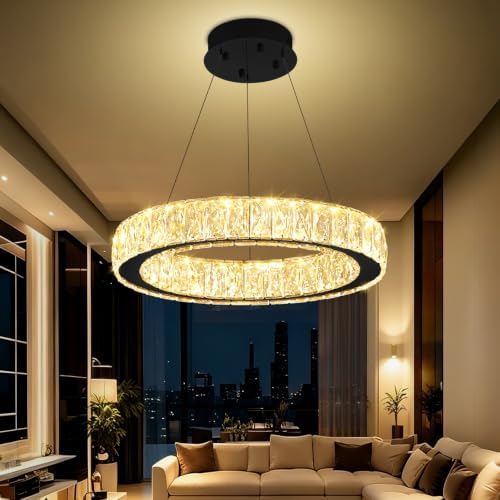 Modern 23.6'' Ring Crystal Chandelier Adjustable LED Ring Pendant Light Dimmable Black Round Crystal Chandelier Light for Dining Room Living Room by IDEQUY