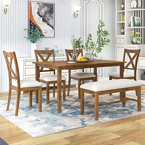 6-Piece Dining Room Table Set, Rustic Farmhouse Wood Dining Table Set with Rectangular Table 4 Upholstered Padded Chairs and 1 Padded Bench, Dining Set for Family of 4-6 People - Image 2