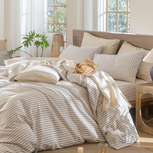 MooMee Striped Duvet Cover Set 100% Washed Cotton Linen Like Oversized King - Image 3