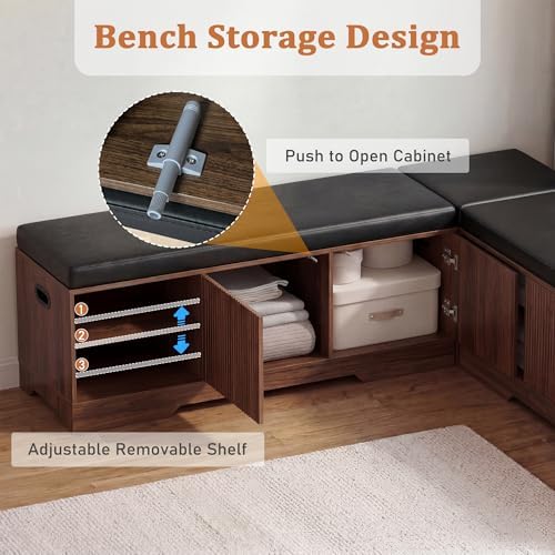Extendable 6-Piece Breakfast Nook Set with Storage Benches & Stools, Corner Dining Table Set with Wine Glass Holder, Space-Saving Kitchen Table for Indoor/Outdoor Use (Walnut+Black Cushion) - Image 3