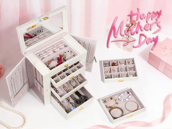 Kendal Extra Large Jewelry Box Jewelry Case PU Leather 6 Tier 5 Drawers Large Storage Capacity with Mirror Jewelry Storage Organizer Great Gift Also Good For Watches LJC-SHD5CM(White) - Image 2