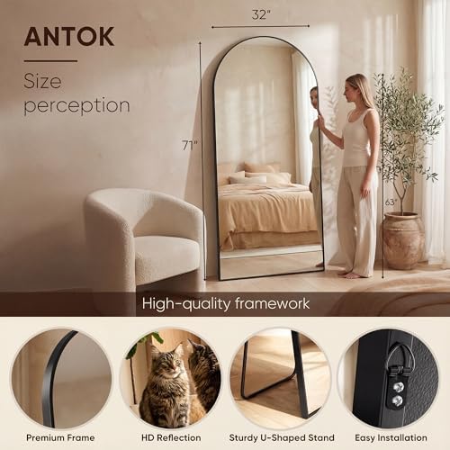 Antok 71" x32” Arched Full Length Mirror, Floor Mirror with Stand,Black - Image 3