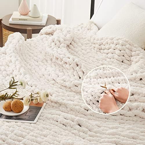 L'AGRATY Chunky Knit Throw Blanket for Couch, 60'' x 80'' Knit Throw, Ivory - Image 3
