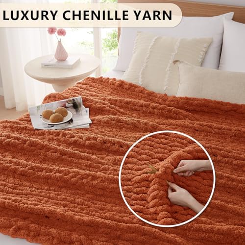 L'AGRATY Chunky Knit Throw Blanket for Couch, 50 x 60 Inches, Rusty Orange - Image 3