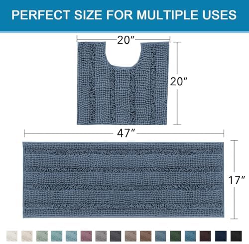 H.VERSAILTEX Bathroom Rug Sets 2 Piece Bath Mats Non Slip Thick Soft Chenille Striped Bath Rug achine Washable Shower Floor Rugs for Tub, Shower and Floor (Blue Indigo, 47"x17" Plus 20"x20" U) - Image 2