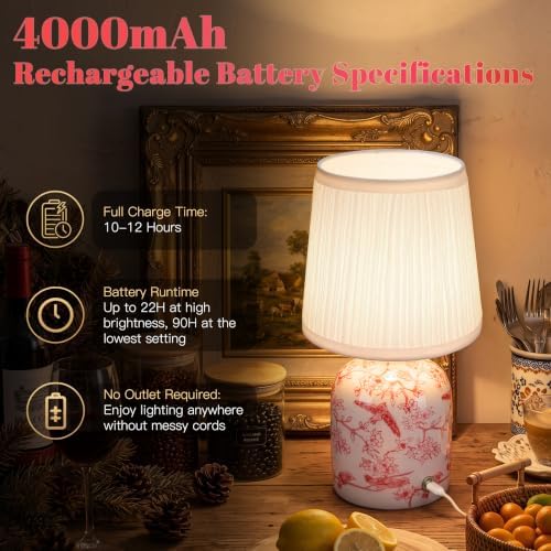 ShineTech Rechargeable Cordless Small Ceramic Table Lamps Set of 2, Red - Image 5
