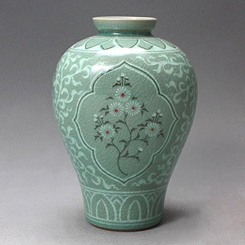 Korean Celadon Glaze Semi-Round Inlaid Crane and Chrysanthemum Flower Inlay Design Green Decorative Porcelain Ceramic Pottery Home Decor Accent Vase by AntiqueAlive