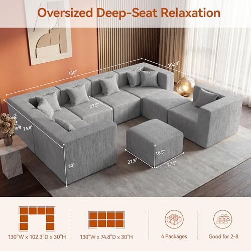 MONVANE Modular Sectional Sofa, Oversized 8 Seat Convertible U Shaped Couch with Ottoman, Comfy Chenille Cloud Couch with Deep Seat, Sectional Couches for Living Room, No Assembly Required, Light Grey - Image 3