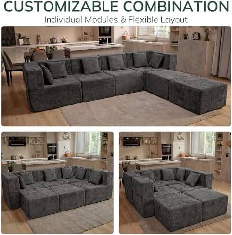 MONVANE Modular Sectional Cloud Couch for Living Room - 130'' 6 Seater Convertible Chenille Couches Set with Ottoman, No Assembly Compression Sofas, Comfy Floor Sofa with Memory Foam, Grey - Image 3