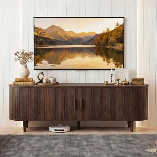 MXV 65" Mid-Century Modern TV Consoles with Sliding Doors, TV Stand with Power Outlet, Fluted Entertainment Center with Adjustable Shelves for Living Room by Unknown