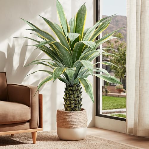 Artificial Agave Plant Potted Plants for Indoor Outdoor Fake Agave Tree in Pot Realistic Faux Tree with 42 Leaves for Home Living Room Office Garden Front Porch Patio Decor (51inch-1 Pc Potted Yellow) by Yarmare