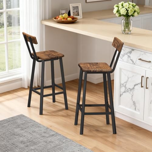 MAHANCRIS Bar Stools, Set of 2 Bar Chairs with Backrest and Footrest, 26" Breakfast Chairs, Counter Stools for Bar, Living Room, Kitchen, and Dining Room, Rustic Brown and Black BAHR05101 by MAHANCRIS