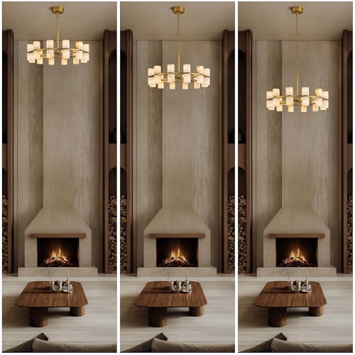 Alabaster Round Chandelier, Natural Spanish Stone Texture Chandeliers, D23.6in Round Chandeliers for Dining Room Small Chandelier Light Fixture for Kitchen Living Room Foyer Entryway Hallway (Brass) - Image 6