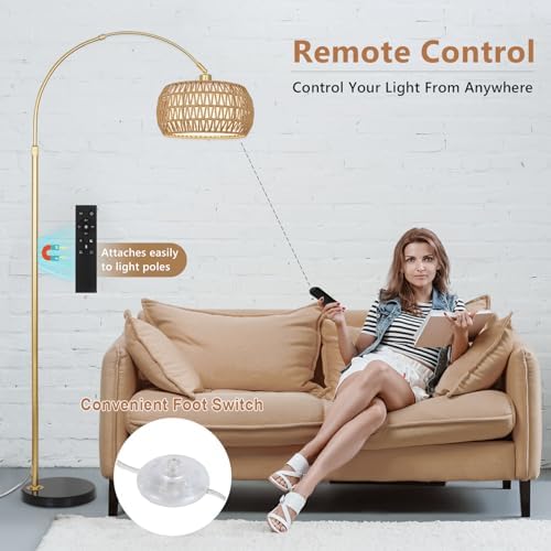 Gold Floor Lamps for Living Room, Arc Floor Lamp with Remote & Dimmable Bulb, Boho Rattan Standing lamp with 3 Color Temperatures, Height Adjustable Tall Lamp for Bedroom, Over Couch Reading Lamp - Image 6