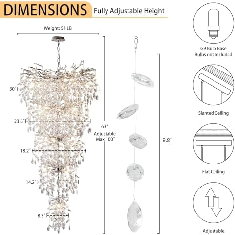 118" Large Crystal Chandelier for High Ceiling, 28-Light Silver Tree Branch Chandelier for High Ceilings, Staircase, Foyer, Entryway, Living Room, Luxury Long K9 Crystal Raindrop Tiered Chandeliers - Image 4