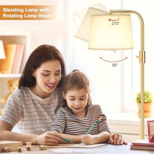 Ambimall Fully Dimmable Floor Lamp - Floor Lamps with 9W LED Bulb, Standing Lamps for Living Room with Adjust Head, Modern Standing Tall Light Rotary Switch for Office(Gold and Beige) - Image 4