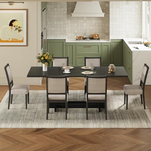 VilroCaz 7-Piece Retro Farmhouse Dining Table Set for 6, Acacia Wood Extendable 82'' Trestle Dining Table with 6 Upholstered Chairs for Home Kitchen& Dining Room (Grey+Beige-12.4) - Image 3