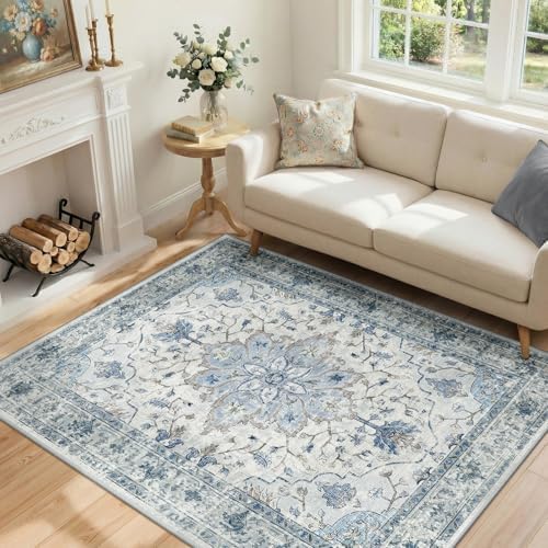 RELEANY Washable Area Rug, 4'x6', Blue/White/Gray - Image 2